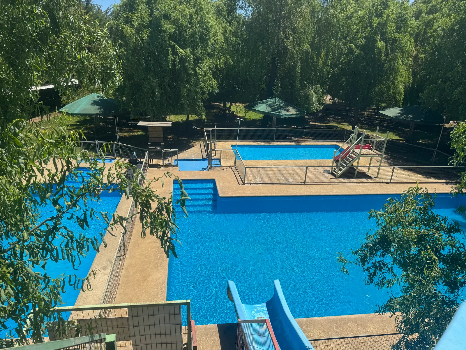 Vista elevada de las tres piscinas del sector 1, con tobogán azul y áreas verdes bajo los sauces