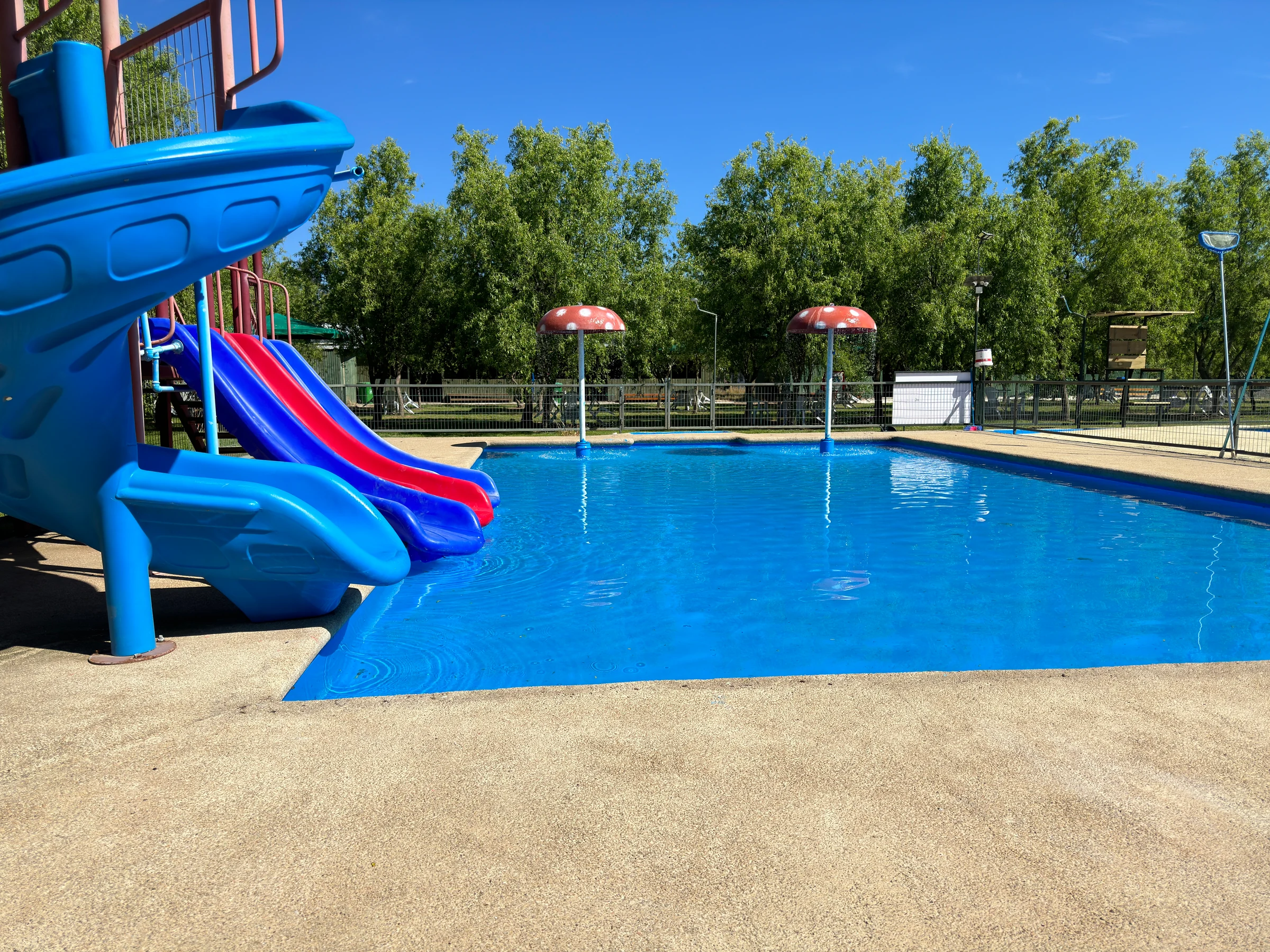 Piscina infantil del sector 2 con tobogán azul, resbalines de colores y fuentes de hongos entre los sauces